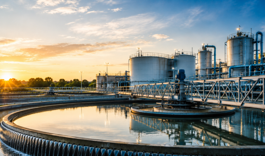 Water treatment plant clarifier at sunset