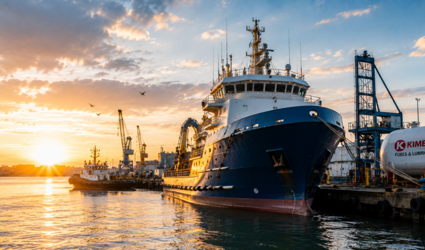 Offshore supply vessel docked in a harbor at sunset