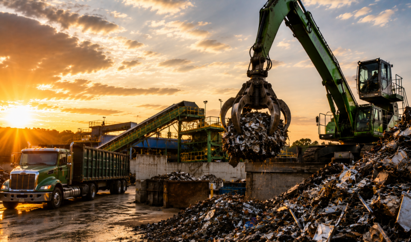 Material handler loading scrap metal at a recycling yard