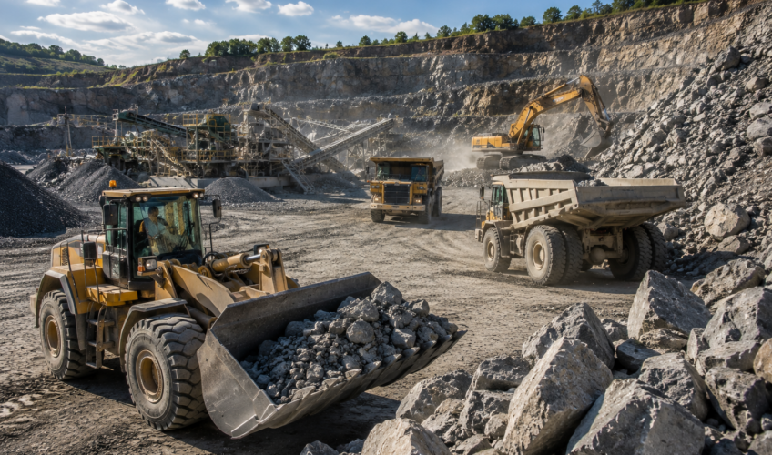 Wheel loader and haul trucks working in a quarry