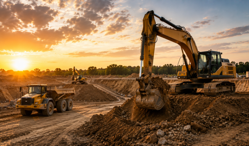 Excavator and dump truck on an earthmoving site at sunset