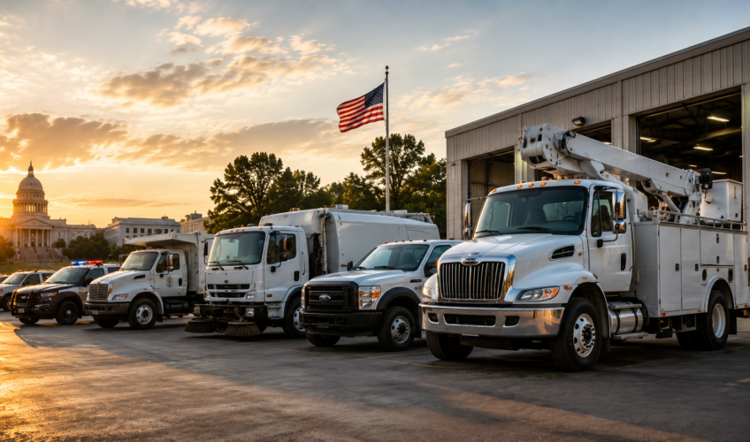 Line of government fleet service trucks parked outside a garage