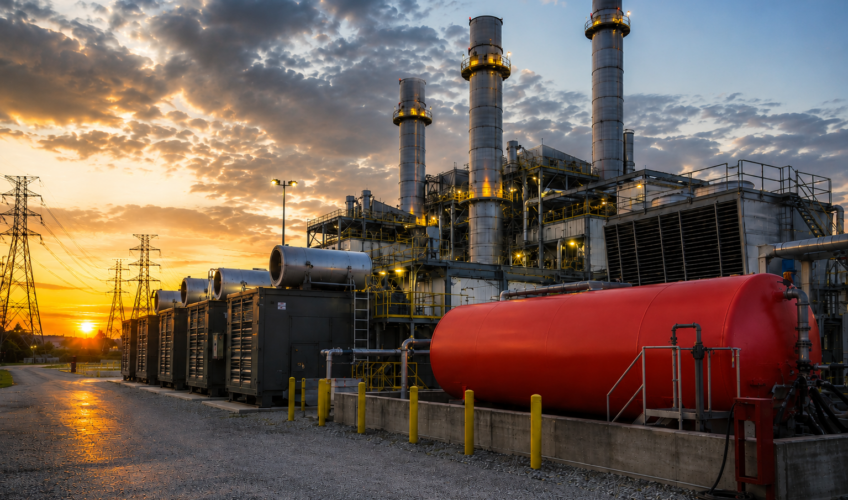 Power plant with a red fuel storage tank at sunset