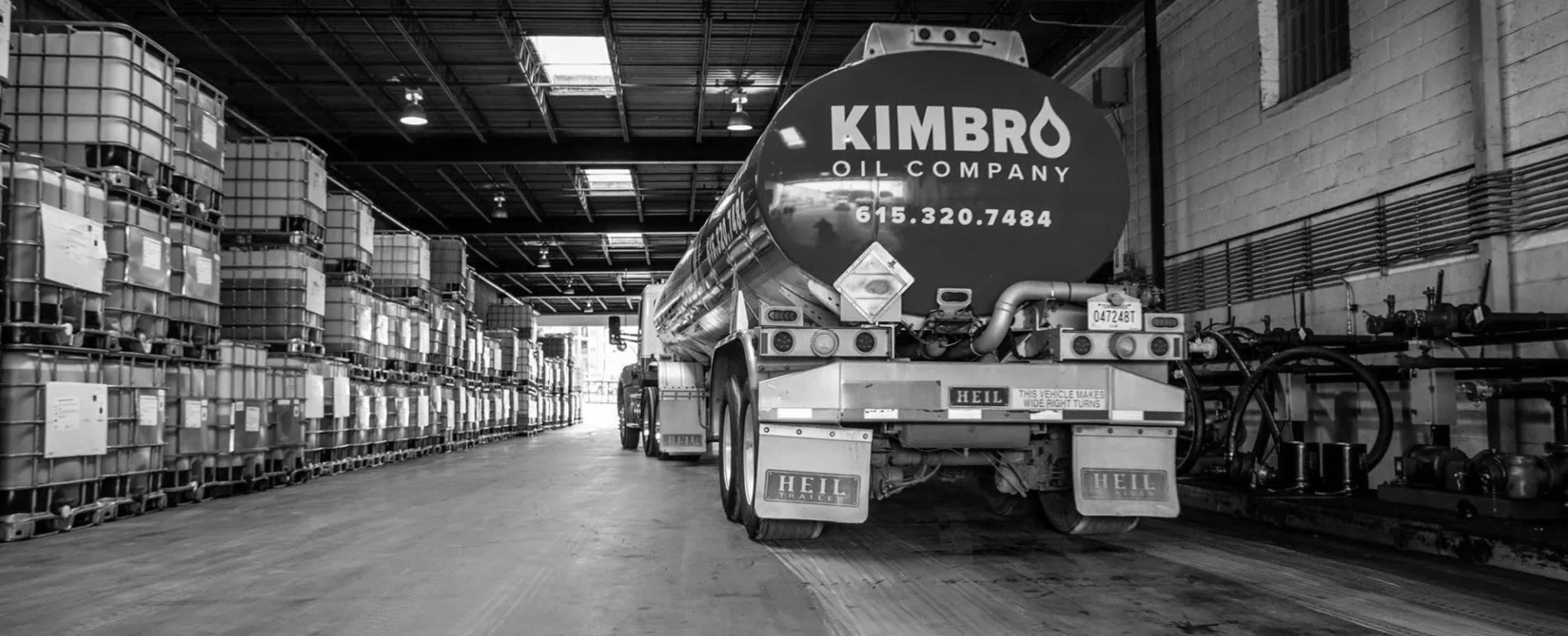 Kimbro Oil Company tanker truck parked inside the Kimbro warehouse