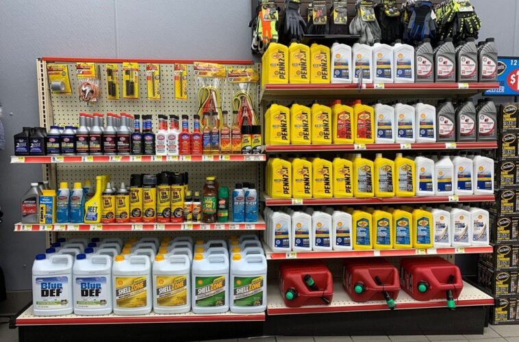 Convenience store display of motor oil, antifreeze and automotive fluids