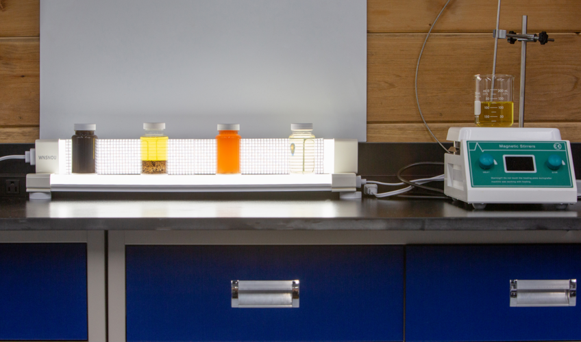 Oil samples and testing equipment in the Kimbro lab