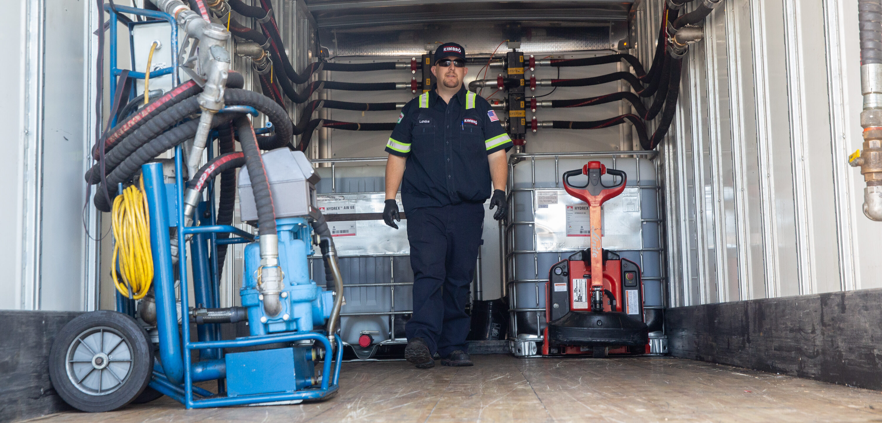Kimbro technician in a box truck loaded with lubricant dispensing equipment