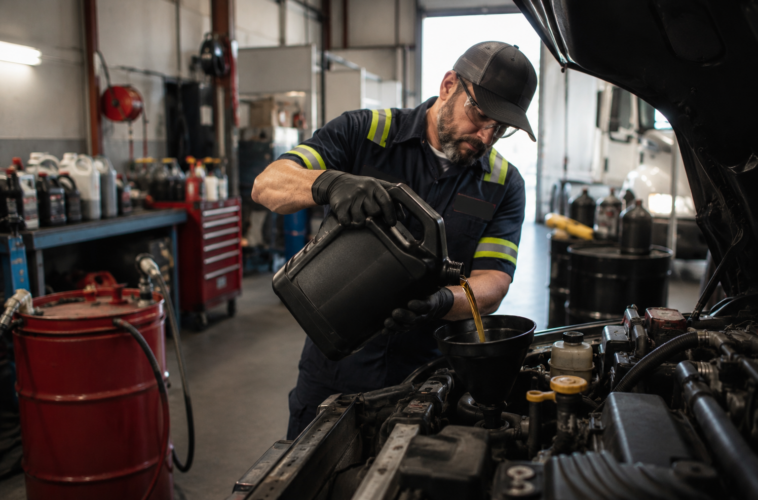 Mechanic pouring motor oil into a vehicle engine