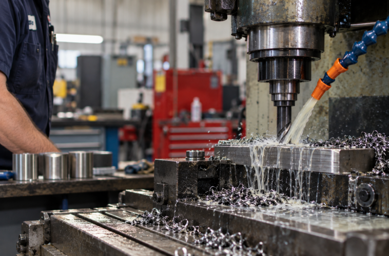 CNC milling machine cutting metal with coolant flowing