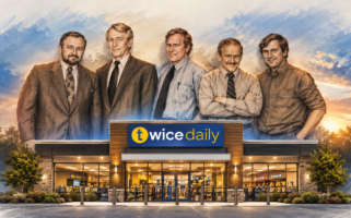 Illustration of early Kimbro leaders in front of a Twice Daily store